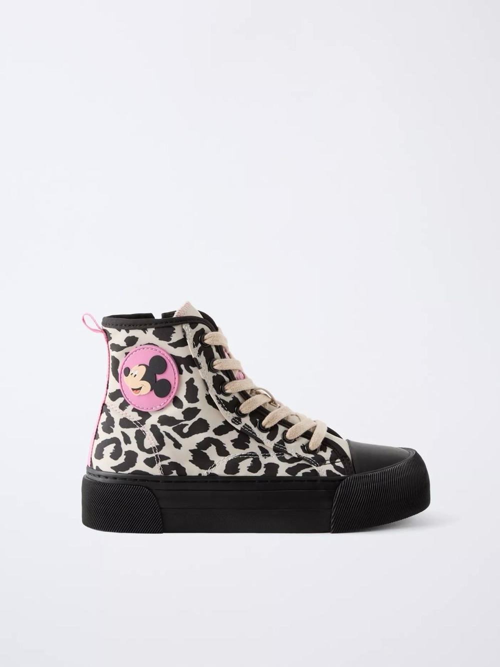 Zara Black & Cream Leopard High-Top Sneakers with Pink Mickey Patch